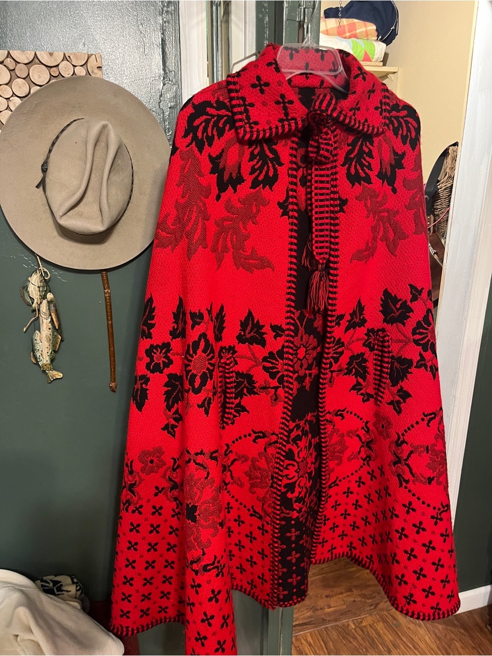 Red Floral Knit Cape Coat - Women Jackets & Coats